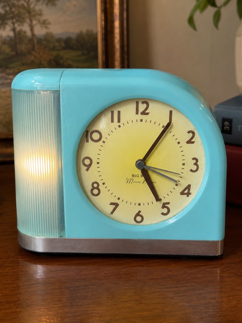 Vintage Big Ben Moon Beam Aqua Alarm Clock with Night Light Mid-Century Modern